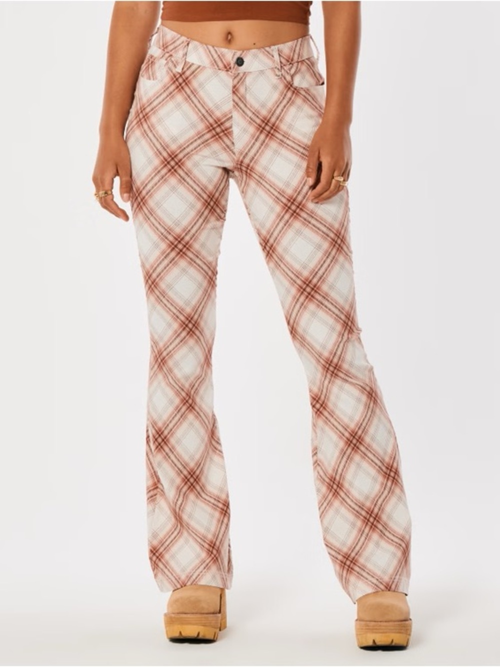 Hollister High Rise Flare Pants Brown Plaid Stretch Women’s Size XL Regular NWT